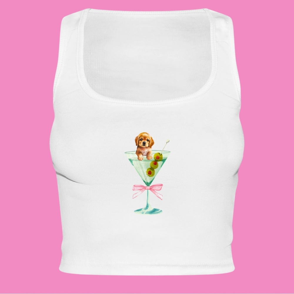 White Tank Top with Puppy Martini Graphic